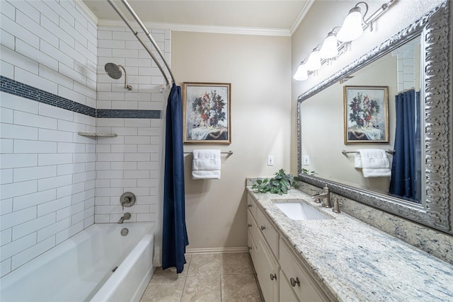 bathroom featuring tile patterned flooring, crown molding, shower / tub combo with curtain, and vanity