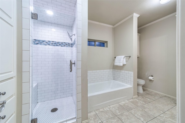 bathroom with crown molding, tile patterned floors, toilet, and separate shower and tub