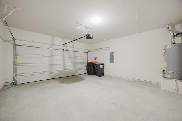 garage with water heater, electric panel, and a garage door opener