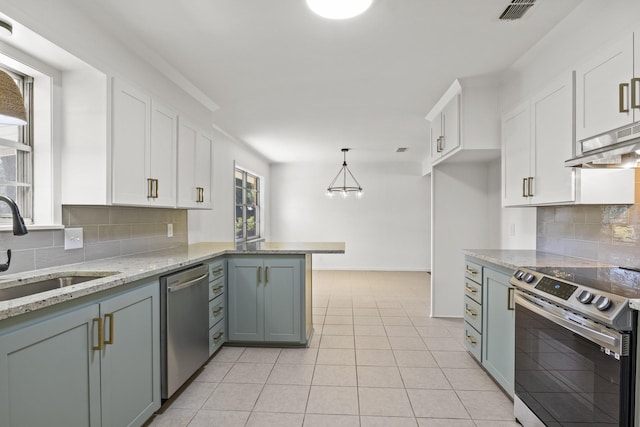 kitchen with kitchen peninsula, hanging light fixtures, stainless steel appliances, sink, and white cabinets