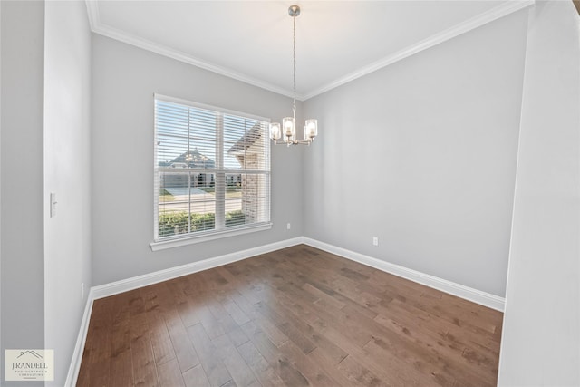 unfurnished dining area with wood-type flooring, a chandelier, and crown molding