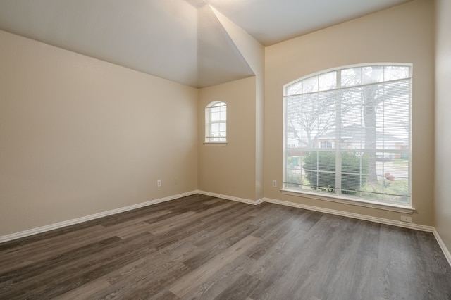 unfurnished room with lofted ceiling and dark hardwood / wood-style flooring