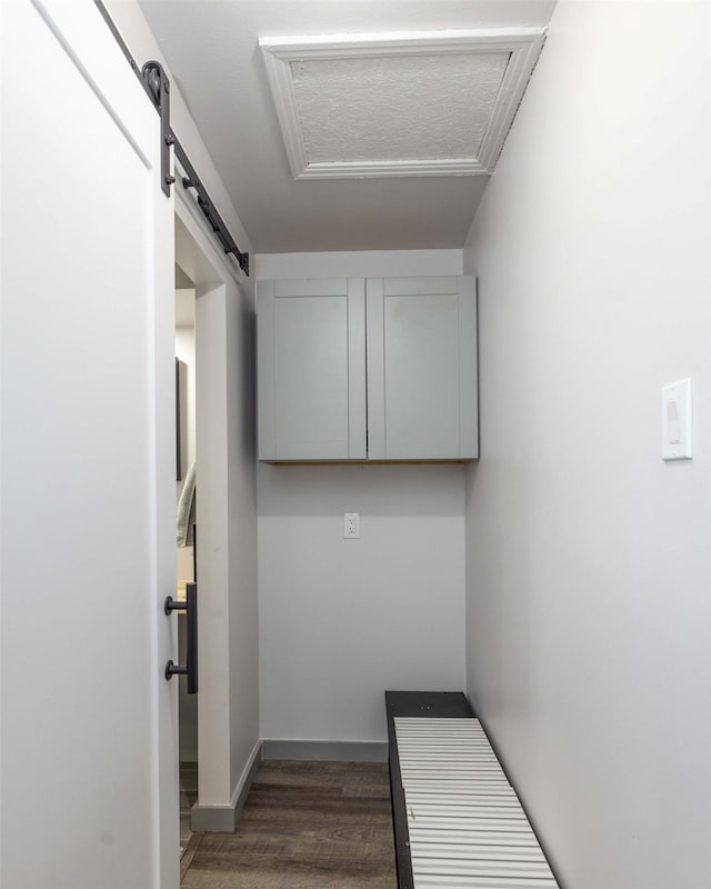 hallway featuring a barn door and dark wood-type flooring