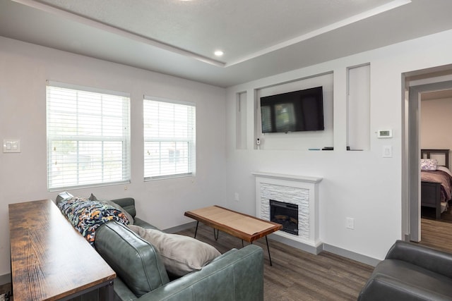 living room with dark wood-type flooring and a fireplace