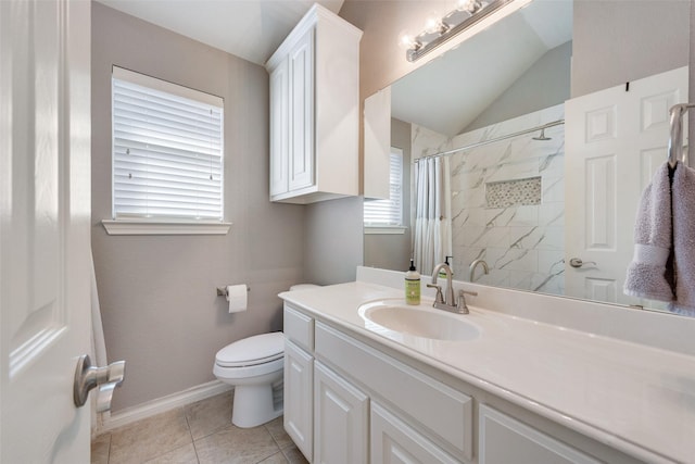 bathroom with toilet, a shower with curtain, lofted ceiling, tile patterned floors, and vanity