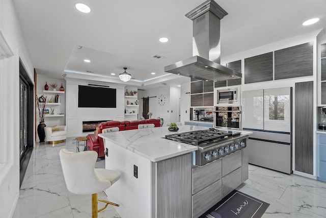 kitchen featuring a breakfast bar area, a center island, a raised ceiling, island exhaust hood, and stainless steel appliances