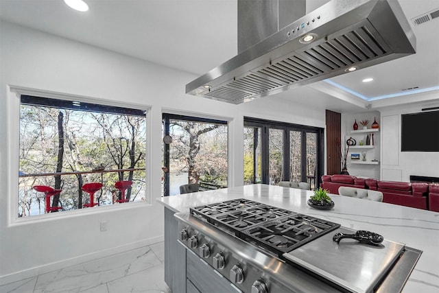 kitchen featuring gas stovetop, a tray ceiling, and ventilation hood