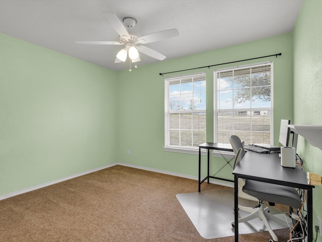 home office with ceiling fan and carpet