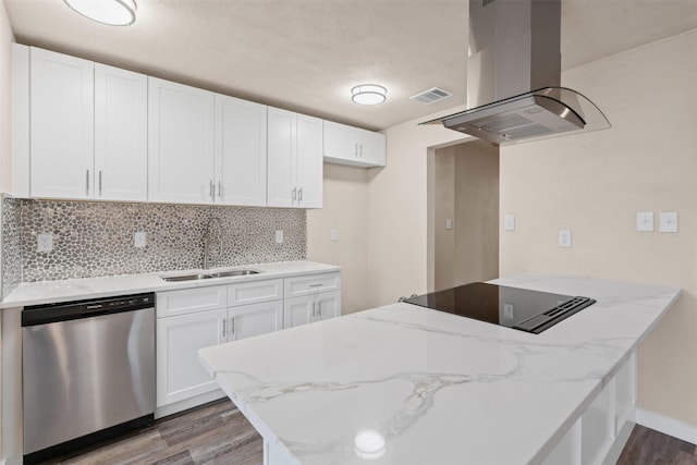 kitchen featuring stainless steel dishwasher, island exhaust hood, and white cabinets