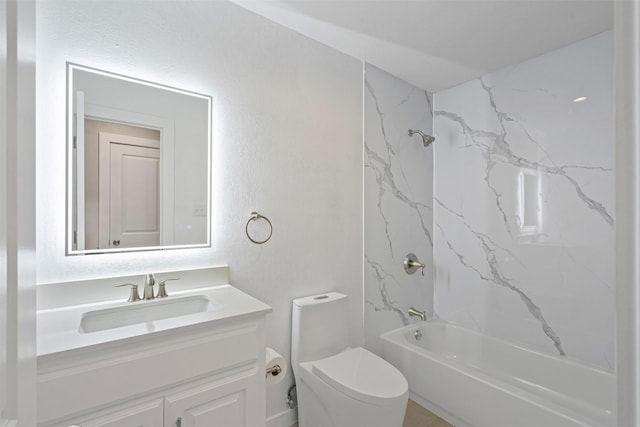 full bath with shower / washtub combination, a textured wall, vanity, and toilet