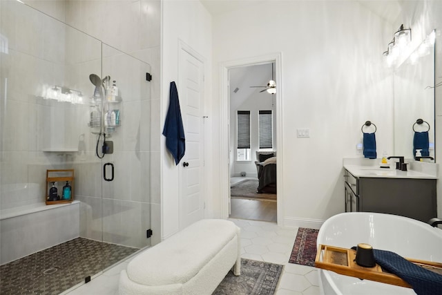 bathroom with ceiling fan, vanity, independent shower and bath, and tile patterned flooring