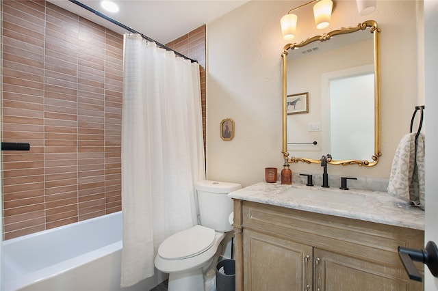 full bathroom with vanity, shower / bath combination with curtain, and toilet