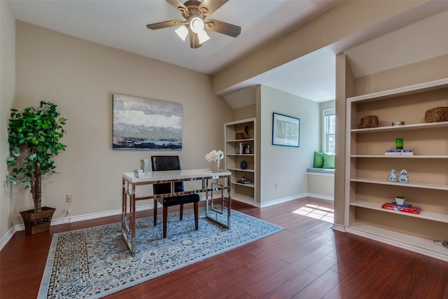 office featuring ceiling fan and dark hardwood / wood-style flooring