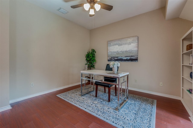 office space with hardwood / wood-style flooring and ceiling fan