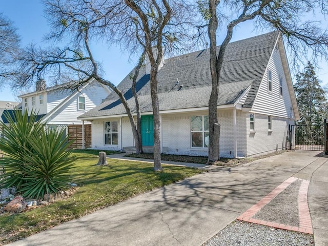 view of front of house with brick siding, a shingled roof, concrete driveway, fence, and a front lawn