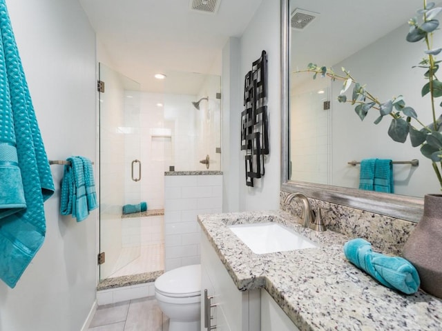 full bath with toilet, a stall shower, visible vents, and vanity