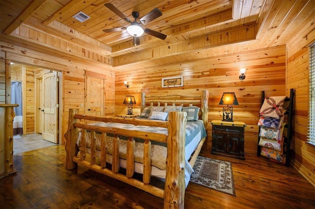 bedroom with a raised ceiling, dark wood-type flooring, wooden walls, and wood ceiling