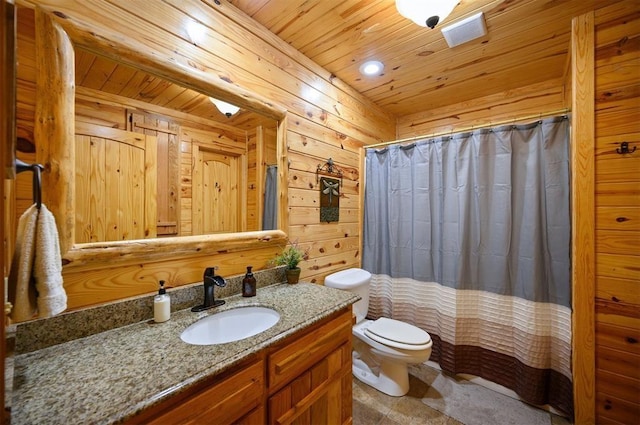 bathroom featuring vanity, wooden ceiling, toilet, and wood walls