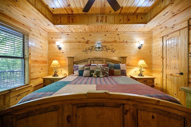 unfurnished bedroom with wooden ceiling, ceiling fan, and wood walls