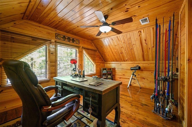 office space with lofted ceiling, wood ceiling, and wood walls