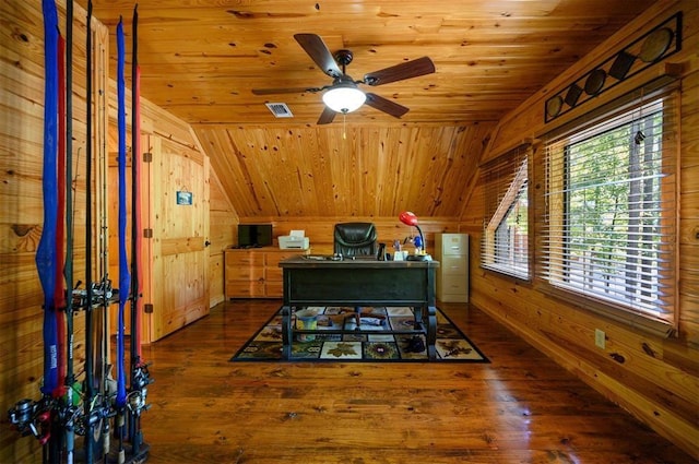 office area with vaulted ceiling, dark wood-type flooring, wooden ceiling, and wooden walls