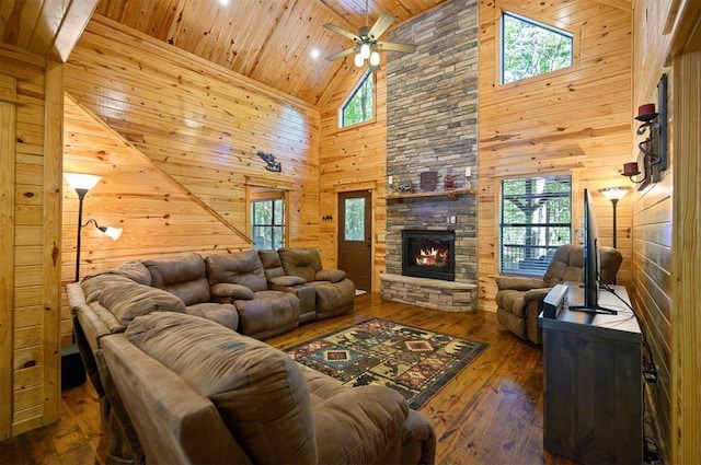 living room featuring dark hardwood / wood-style floors, a wealth of natural light, wooden walls, a fireplace, and wooden ceiling