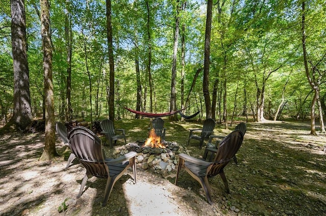 view of yard with a fire pit