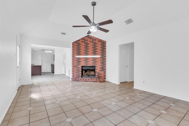 1308 Abbott Dr, Irving, TX 75060 - unfurnished living room featuring ceiling fan, vaulted ceiling, a chandelier, a fireplace, and baseboards