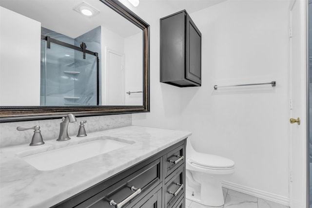 1308 Abbott Dr, Irving, TX 75060 - full bathroom with marble look tile flooring, a stall shower, toilet, and vanity