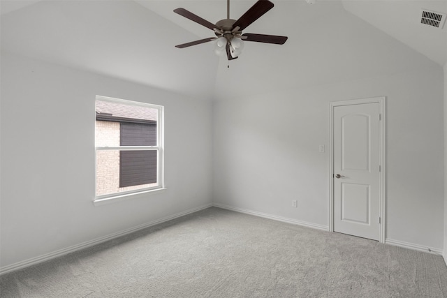 unfurnished room with ceiling fan, high vaulted ceiling, and light carpet