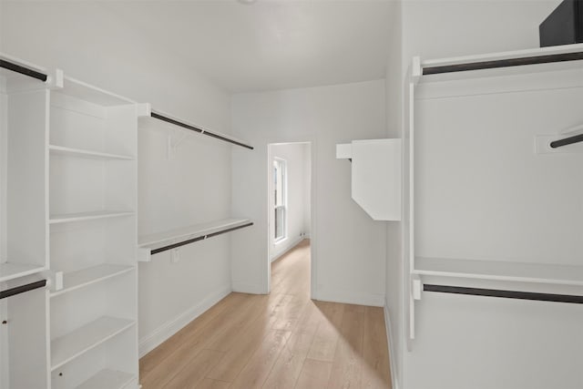 spacious closet with a barn door and light hardwood / wood-style flooring