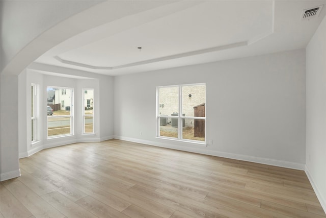 unfurnished room with a raised ceiling and light hardwood / wood-style flooring