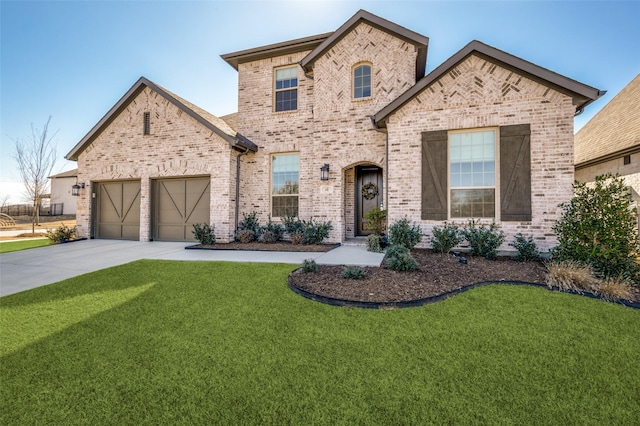 view of front of house featuring concrete driveway, brick siding, an attached garage, and a front lawn