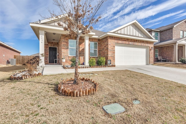 view of front facade featuring brick siding, board and batten siding, concrete driveway, and a garage