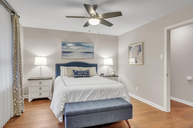 bedroom with ceiling fan and light wood-type flooring