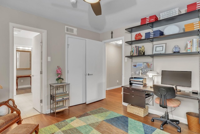 office area featuring wood-type flooring and ceiling fan