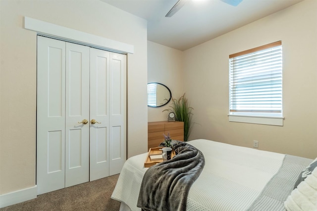 bedroom featuring carpet, a closet, and ceiling fan