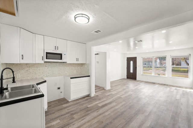 2717 Eagle Dr, Dallas, TX 75216 - kitchen featuring sink, tasteful backsplash, a textured ceiling, light hardwood / wood-style flooring, and white cabinets