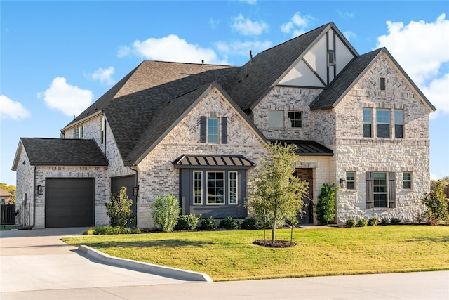 view of front of home featuring brick siding, a shingled roof, concrete driveway, a front yard, and an attached garage