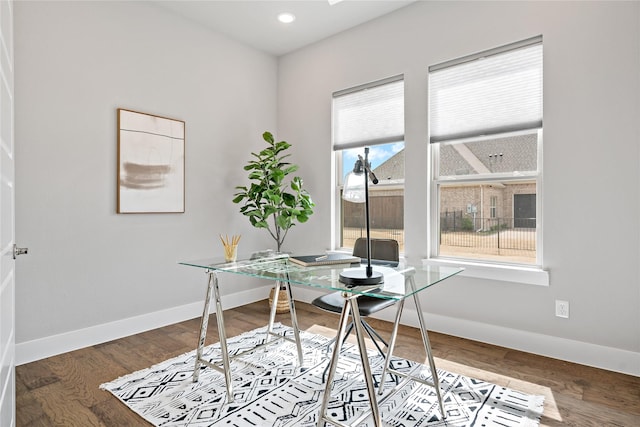 office with recessed lighting, baseboards, and wood finished floors