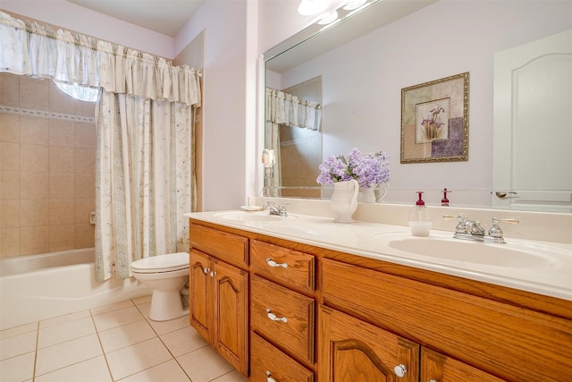 full bathroom with vanity, toilet, tile patterned flooring, and shower / bath combo with shower curtain