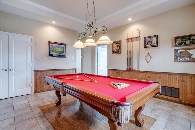 playroom with crown molding, billiards, wooden walls, and a tray ceiling