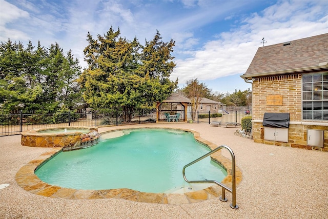 view of swimming pool with a gazebo, area for grilling, an in ground hot tub, and a patio