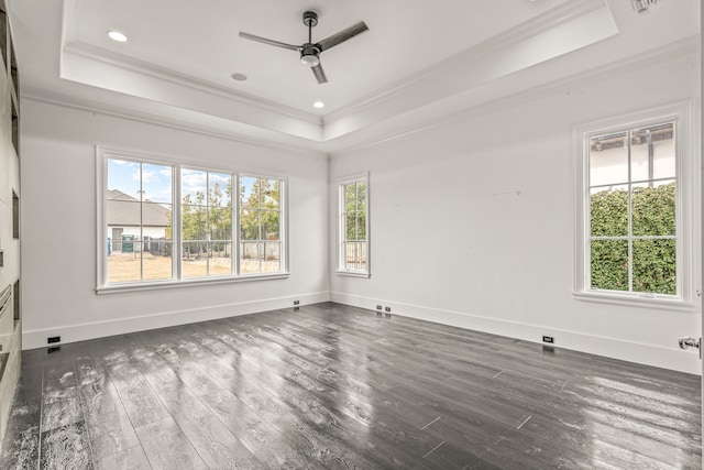 empty room featuring a raised ceiling, ornamental molding, dark hardwood / wood-style floors, and ceiling fan