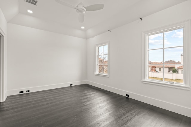 unfurnished room featuring dark hardwood / wood-style floors and ceiling fan