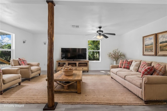 living room featuring ceiling fan