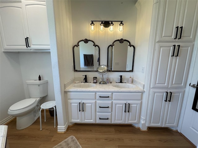 bathroom with vanity, wood-type flooring, and toilet