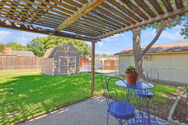 view of patio / terrace with a storage shed and a pergola