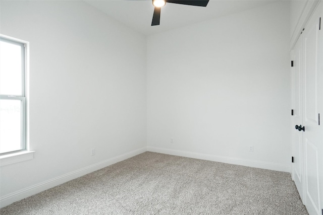 spare room with ceiling fan and carpet