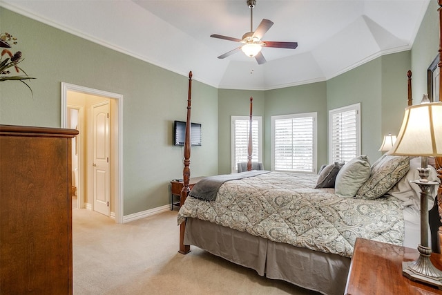 bedroom with light colored carpet, a ceiling fan, baseboards, and lofted ceiling